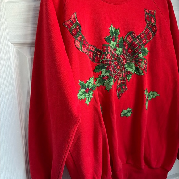 Vintage Hand-decorated Red Holiday Sweatshirt with Plaid Bow and Holly - Size XL - Picture 2 of 7